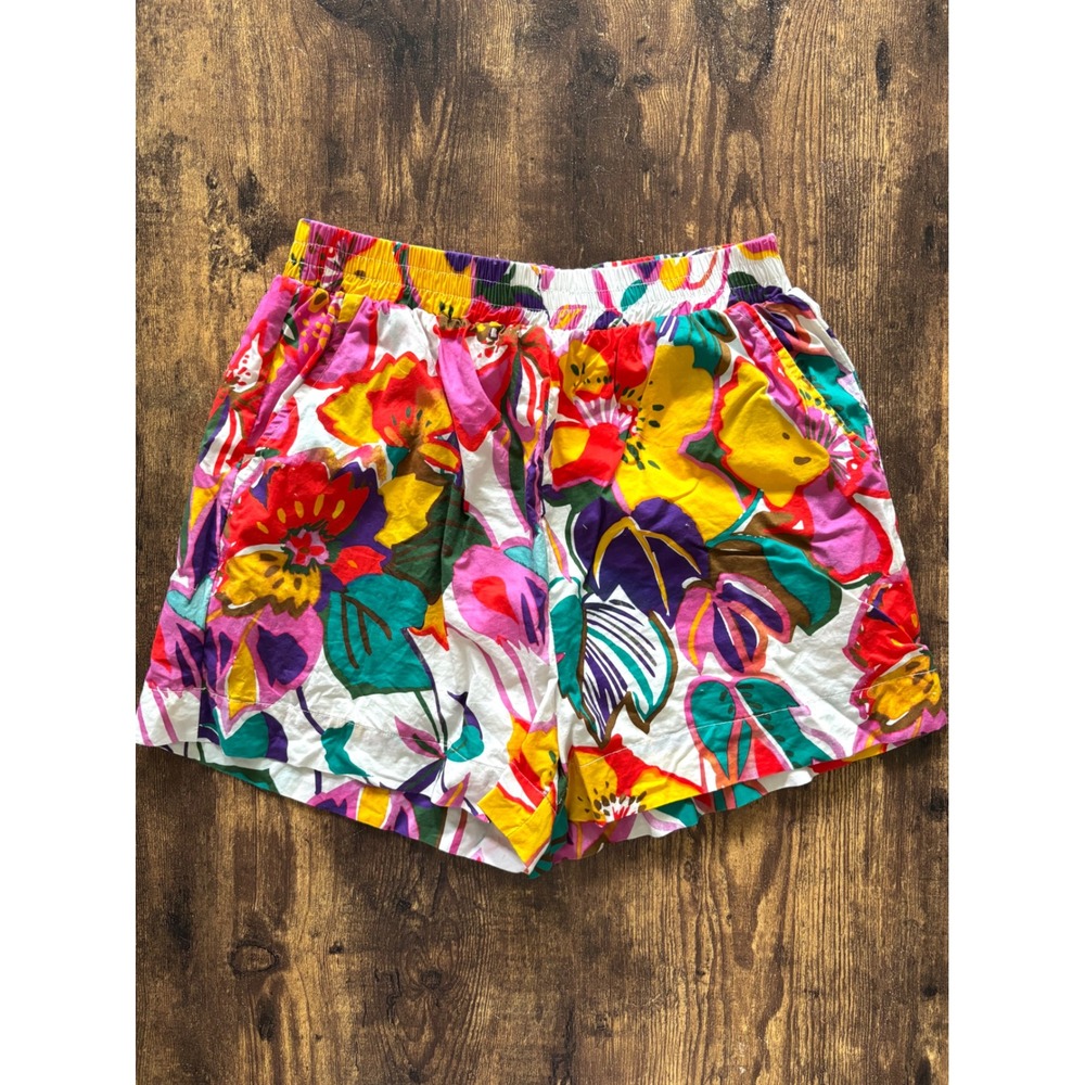 Entro Floral High Waisted Elastic Waist Shorts Multi Color Tropical Size Small